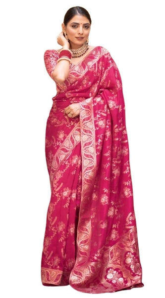Mayawye Women's Silk Printed Saree With Unstitched Blouse 5.5Mtr (Pink)