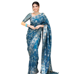 Mayawye Women's Silk Printed Saree With Unstitched Blouse 5.5Mtr (Teal Blue)