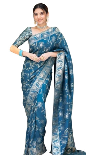 Mayawye Women's Silk Printed Saree With Unstitched Blouse 5.5Mtr (Teal Blue)