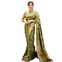Mayawye Women's Silk Printed Saree With Unstitched Blouse 5.5Mtr (Olive Green)