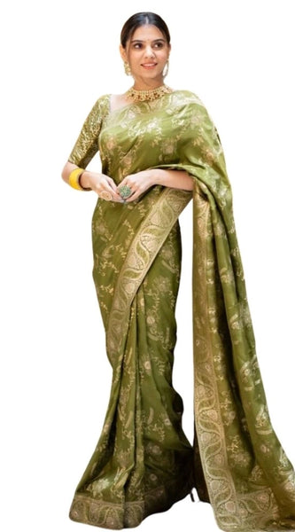 Mayawye Women's Silk Printed Saree With Unstitched Blouse 5.5Mtr (Olive Green)