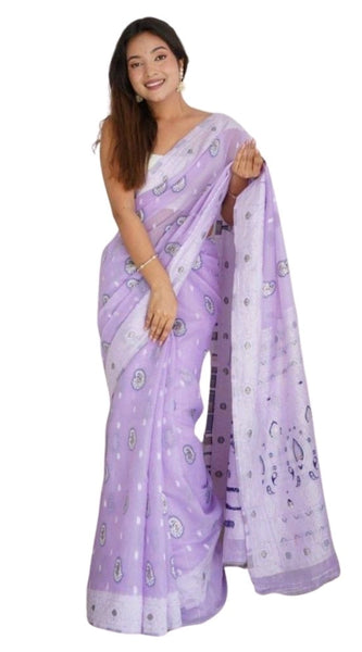 Mayawye Women's Cotton  Printed Saree With Unstitched Blouse 5.5Mtr (Lavender)