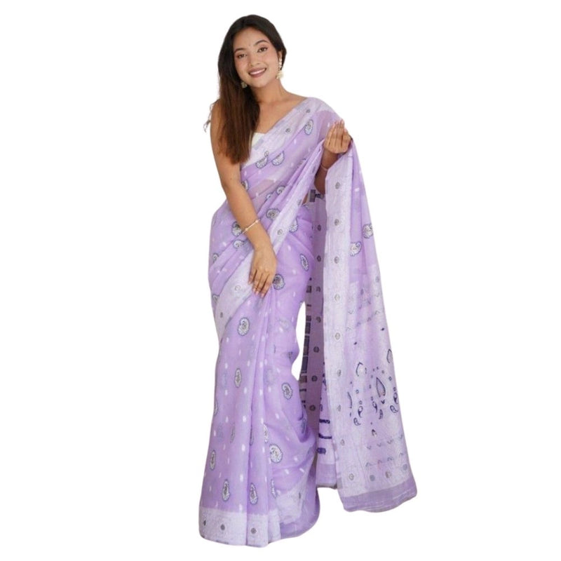 Mayawye Women's Cotton  Printed Saree With Unstitched Blouse 5.5Mtr (Lavender)