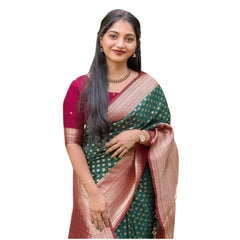 Mayawye Women's Silk Printed Saree With Unstitched Blouse 5.5Mtr (Green-Red)