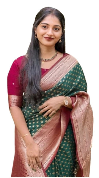 Mayawye Women's Silk Printed Saree With Unstitched Blouse 5.5Mtr (Green-Red)