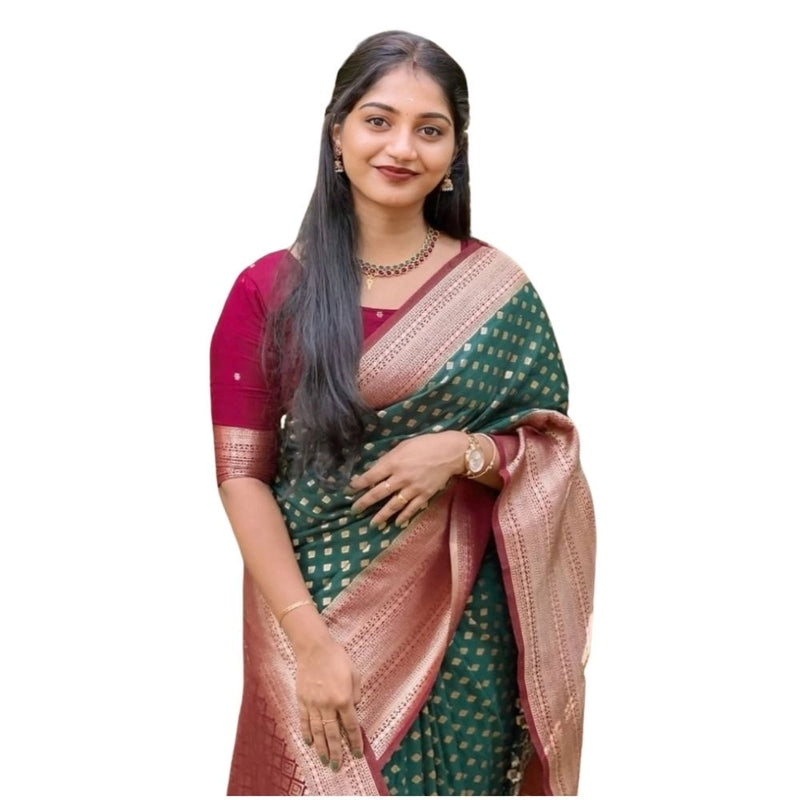 Mayawye Women's Silk Printed Saree With Unstitched Blouse 5.5Mtr (Green-Red)