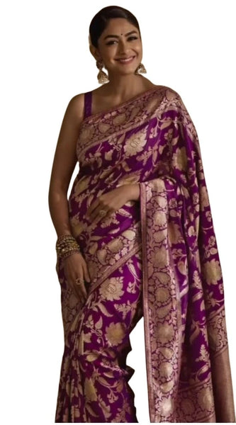 Mayawye Women's Silk Printed Saree With Unstitched Blouse 5.5Mtr (Purple)