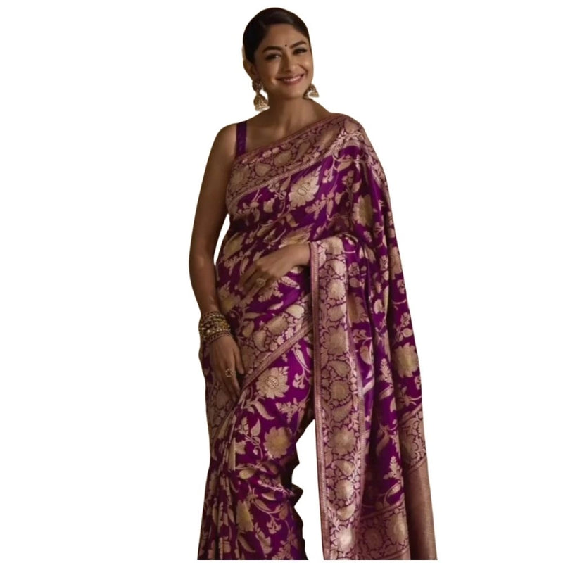 Mayawye Women's Silk Printed Saree With Unstitched Blouse 5.5Mtr (Purple)