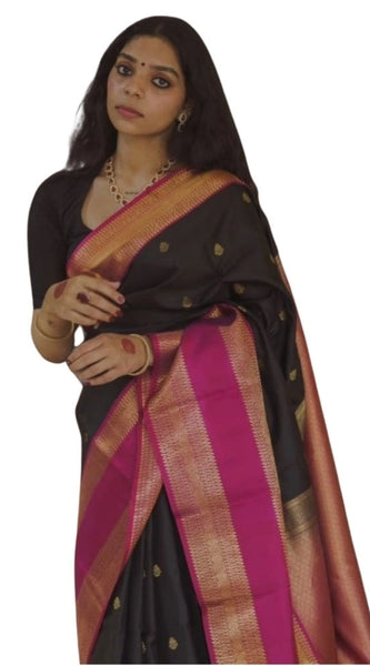 Mayawye Women's Silk Printed Saree With Unstitched Blouse 5.5Mtr (Black-Pink)