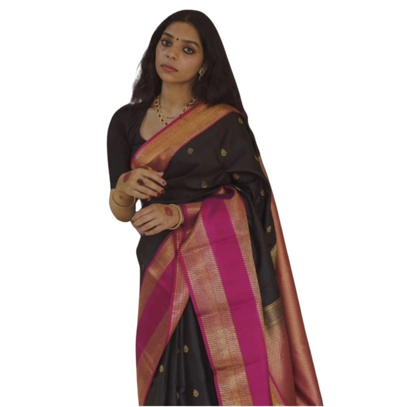 Mayawye Women's Silk Printed Saree With Unstitched Blouse 5.5Mtr (Black-Pink)