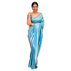 Mayawye Women's Silk Printed Saree With Unstitched Blouse 5.5Mtr (Sky Blue)