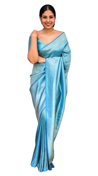 Mayawye Women's Silk Printed Saree With Unstitched Blouse 5.5Mtr (Sky Blue)