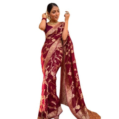 Mayawye Women's Silk Printed Saree With Unstitched Blouse 5.5Mtr (Maroon)