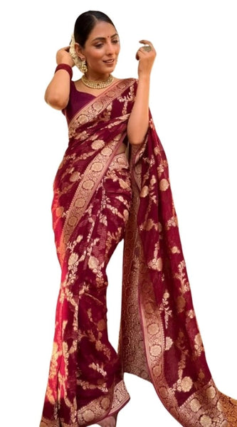 Mayawye Women's Silk Printed Saree With Unstitched Blouse 5.5Mtr (Maroon)
