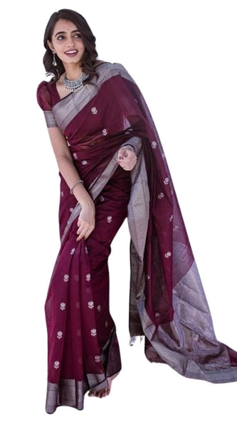 Mayawye Women's Cotton  Printed Saree With Unstitched Blouse 5.5Mtr (Maroon)