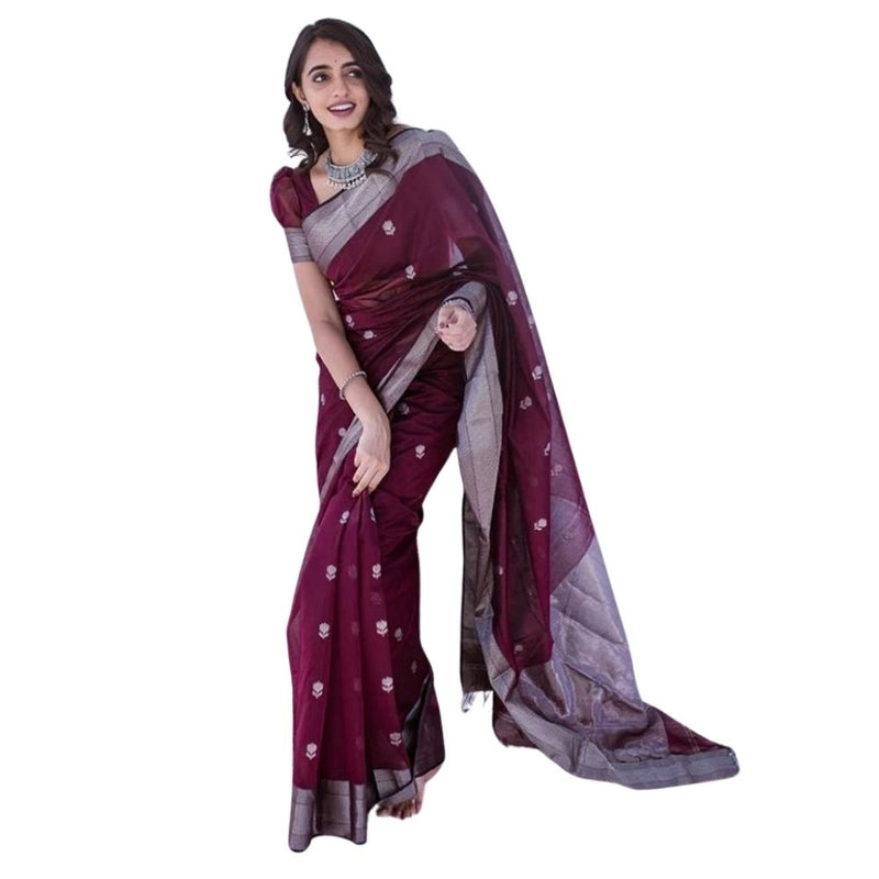Mayawye Women's Cotton  Printed Saree With Unstitched Blouse 5.5Mtr (Maroon)