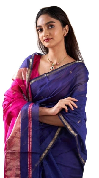 Mayawye Women's Cotton  Printed Saree With Unstitched Blouse 5.5Mtr (Blue)