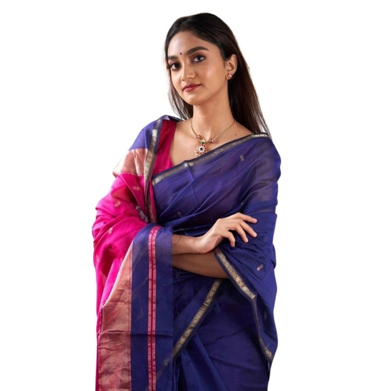 Mayawye Women's Cotton  Printed Saree With Unstitched Blouse 5.5Mtr (Blue)