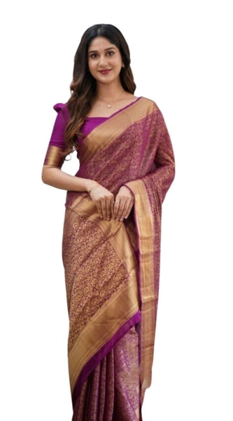 Mayawye Women's Silk Printed Saree With Unstitched Blouse 5.5Mtr (Wine)