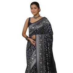 Mayawye Women's Silk Printed Saree With Unstitched Blouse 5.5Mtr (Navy Blue)