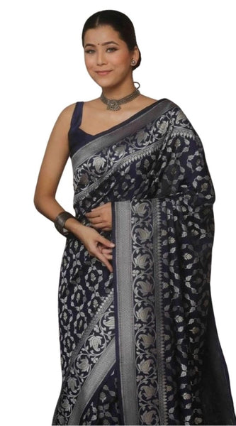 Mayawye Women's Silk Printed Saree With Unstitched Blouse 5.5Mtr (Navy Blue)