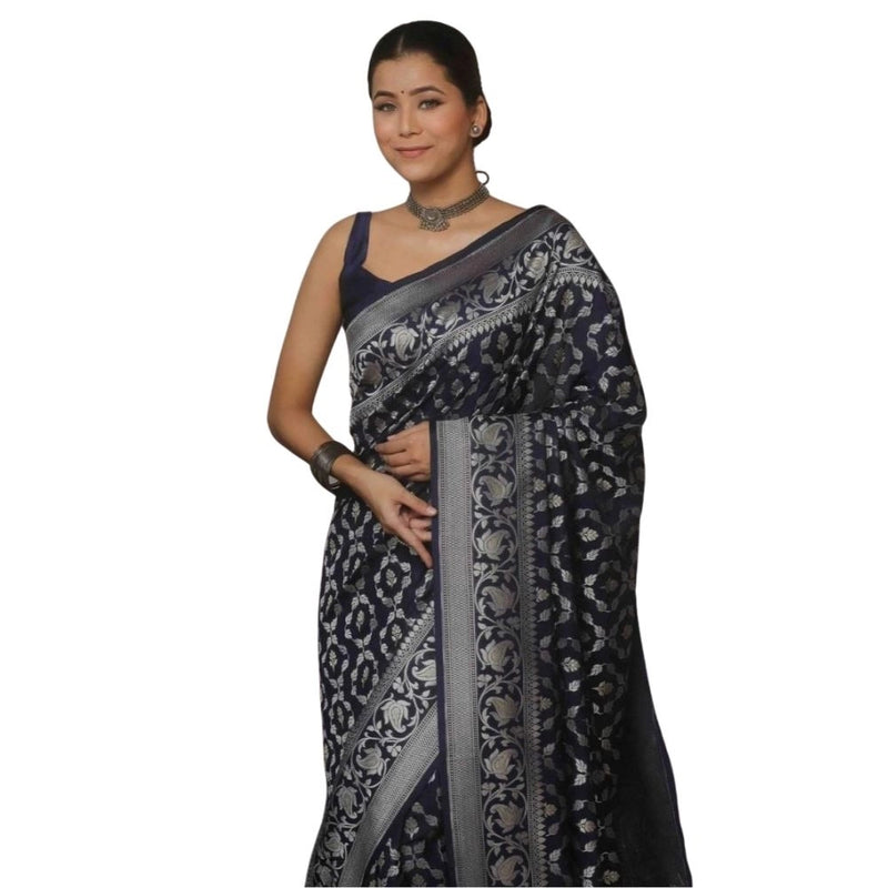 Mayawye Women's Silk Printed Saree With Unstitched Blouse 5.5Mtr (Navy Blue)