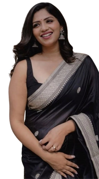 Mayawye Women's Silk Printed Saree With Unstitched Blouse 5.5Mtr (Black)