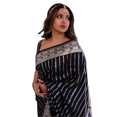 Mayawye Women's Silk Printed Saree With Unstitched Blouse 5.5Mtr (Black)
