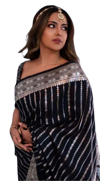 Mayawye Women's Silk Printed Saree With Unstitched Blouse 5.5Mtr (Black)