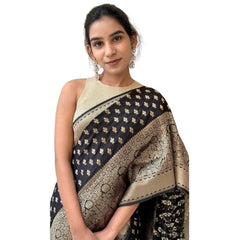 Mayawye Women's Silk Printed Saree With Unstitched Blouse 5.5Mtr (Black)