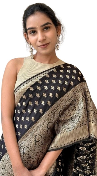 Mayawye Women's Silk Printed Saree With Unstitched Blouse 5.5Mtr (Black)