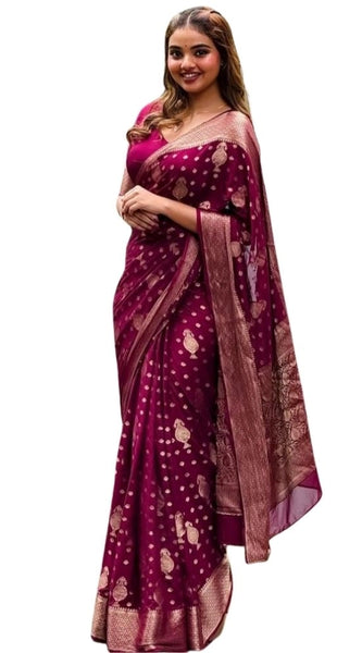 Mayawye Women's Silk Printed Saree With Unstitched Blouse 5.5Mtr (Wine)