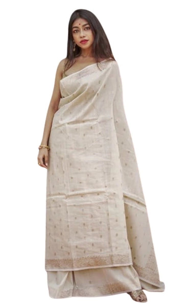 Mayawye Women's Cotton  Printed Saree With Unstitched Blouse 5.5Mtr (Cream)