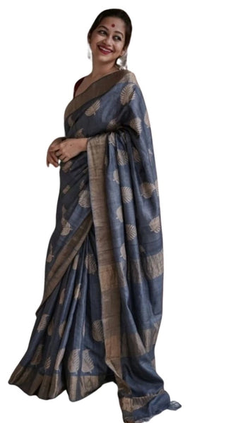 Mayawye Women's Silk Printed Saree With Unstitched Blouse 5.5Mtr (Grey)