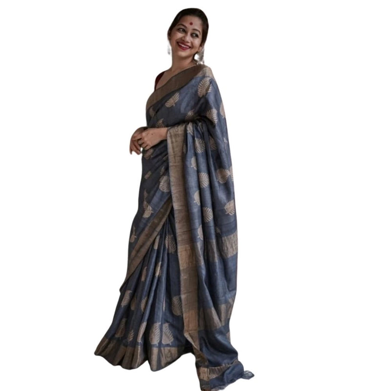 Mayawye Women's Silk Printed Saree With Unstitched Blouse 5.5Mtr (Grey)