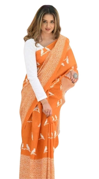 Mayawye Women's Silk Printed Saree With Unstitched Blouse 5.5Mtr (Orange)