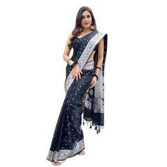 Mayawye Women's Silk Printed Saree With Unstitched Blouse 5.5Mtr (Black)