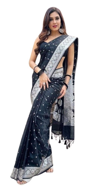 Mayawye Women's Silk Printed Saree With Unstitched Blouse 5.5Mtr (Black)