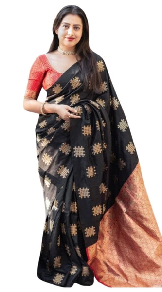 Mayawye Women's Silk Printed Saree With Unstitched Blouse 5.5Mtr (Blacl-Orange)