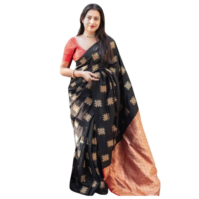 Mayawye Women's Silk Printed Saree With Unstitched Blouse 5.5Mtr (Blacl-Orange)