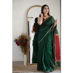 Mayawye Women's Cotton  Printed Saree With Unstitched Blouse 5.5Mtr (Dark Green)