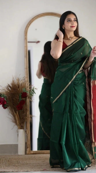 Mayawye Women's Cotton  Printed Saree With Unstitched Blouse 5.5Mtr (Dark Green)