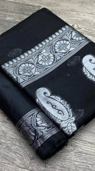 Mayawye Women's Cotton  Printed Saree With Unstitched Blouse 5.5Mtr (Black)