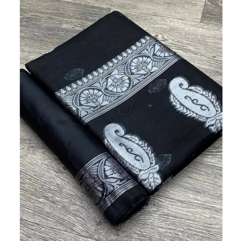 Mayawye Women's Cotton  Printed Saree With Unstitched Blouse 5.5Mtr (Black)