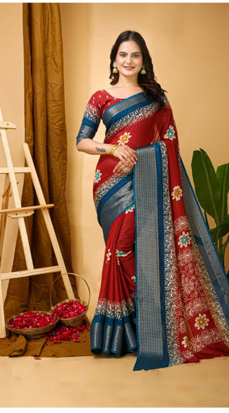 Mayawye Women's Soft Blooming Marshmallow Fabric Kalamkari Printed Saree With Unstitched Blouse 5.5Mtr (Red)