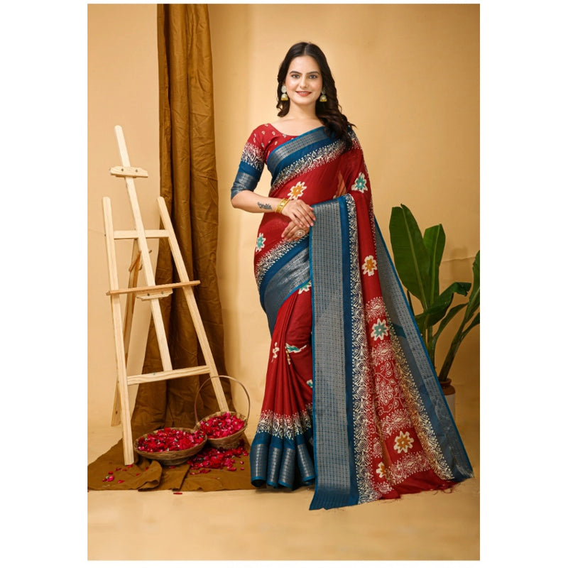 Mayawye Women's Soft Blooming Marshmallow Fabric Kalamkari Printed Saree With Unstitched Blouse 5.5Mtr (Red)
