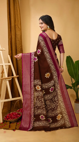 Mayawye Women's Soft Blooming Marshmallow Fabric Kalamkari Printed Saree With Unstitched Blouse 5.5Mtr (Maroon)