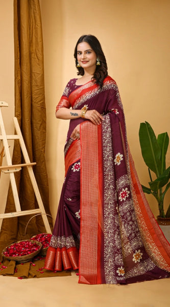 Mayawye Women's Soft Blooming Marshmallow Fabric Kalamkari Printed Saree With Unstitched Blouse 5.5Mtr (Wine)