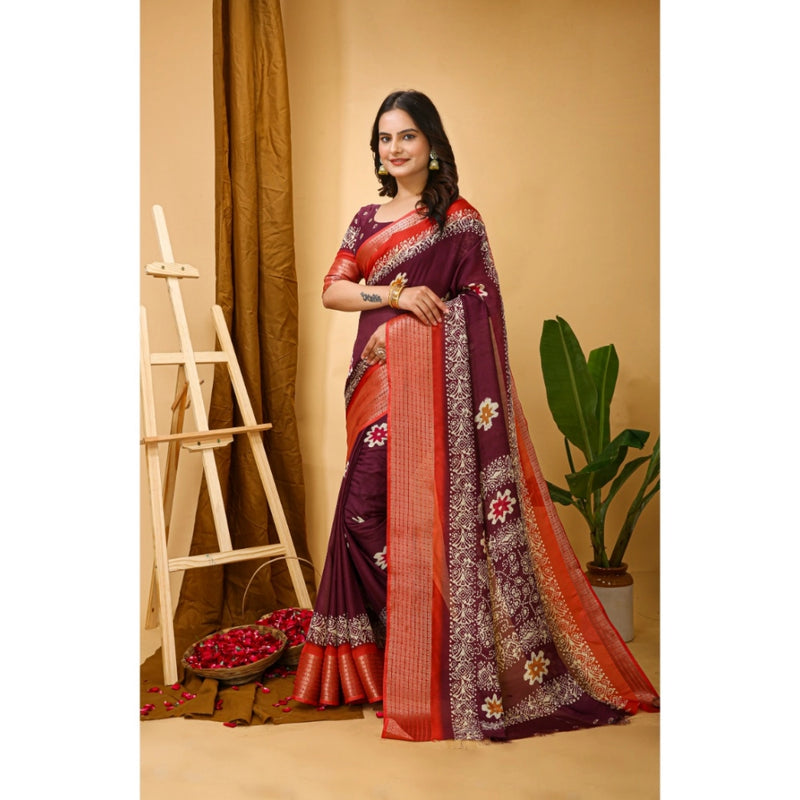Mayawye Women's Soft Blooming Marshmallow Fabric Kalamkari Printed Saree With Unstitched Blouse 5.5Mtr (Wine)