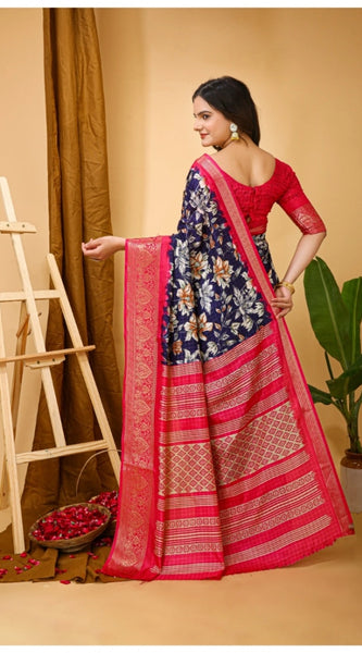 Mayawye Women's Soft Dola Cotton Kalamkari Printed Saree With Unstitched Blouse 5.5Mtr (Navy Blue)